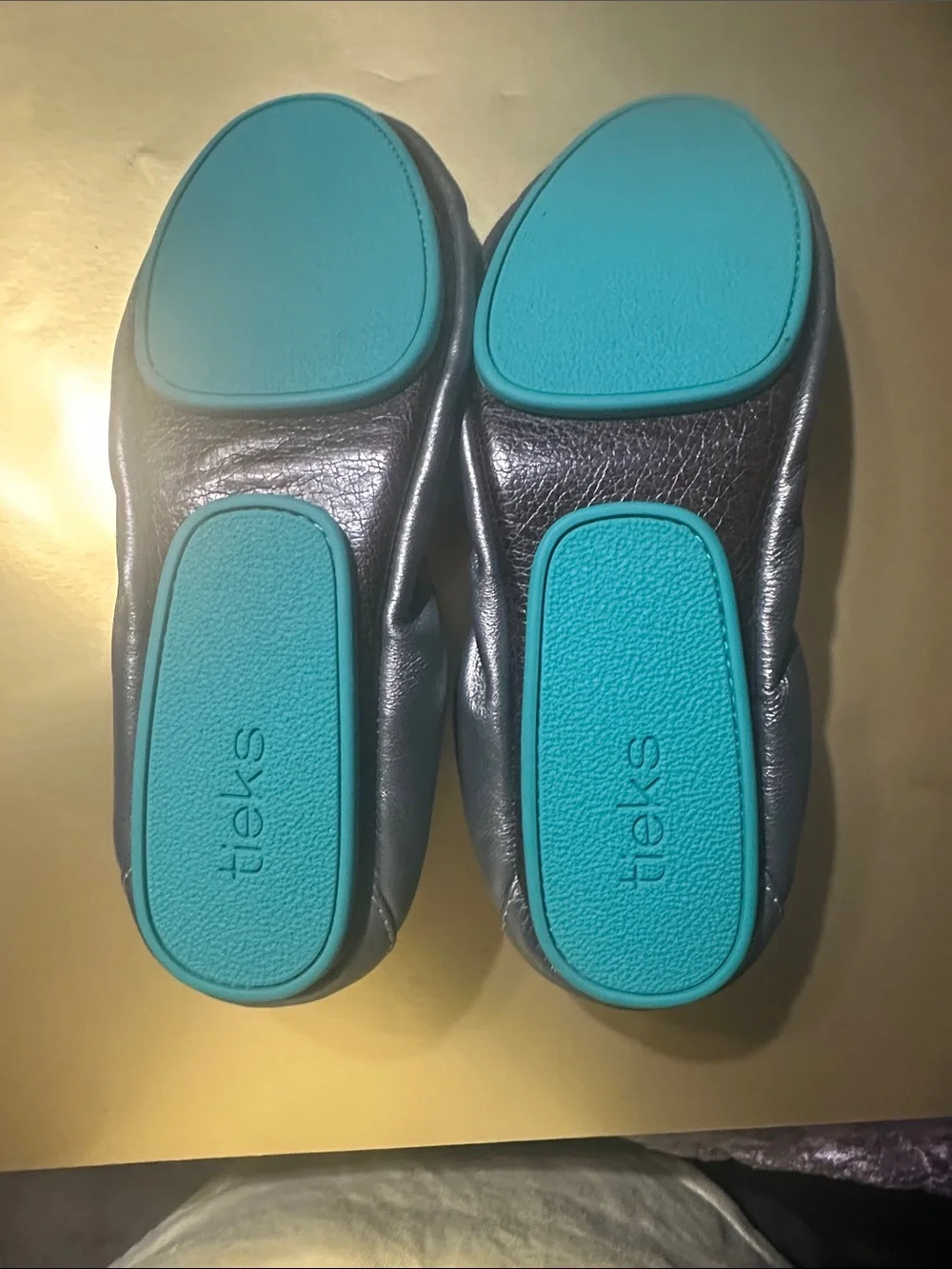 Tieks Metallic Gray Ballet Flats with Teal Heel Tab